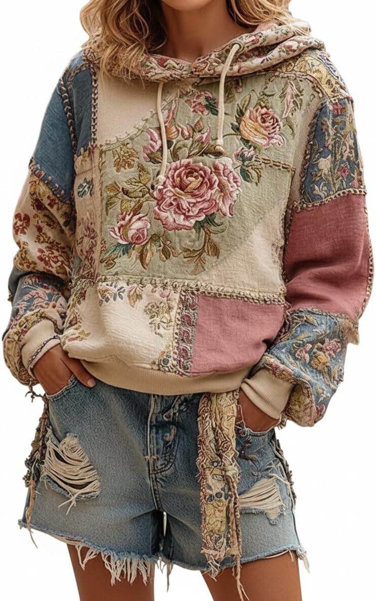 Akivide Women's Cute Boho Floral Patchwork Hoodies Oversized Vintage Graphic Long Sleeve Pullover Hooded Sweatshirt Top