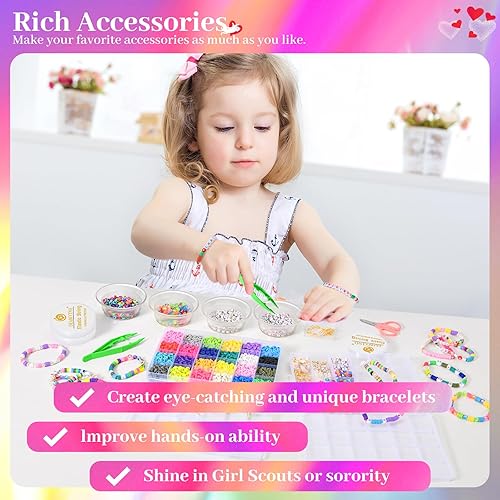 Miniatura 4 de DEARCCINO Kit de fabricación de pulseras de arcilla de 7200 piezas, 2 cajas de 24 colores, cuentas planas de preparación para joyería de amistad,