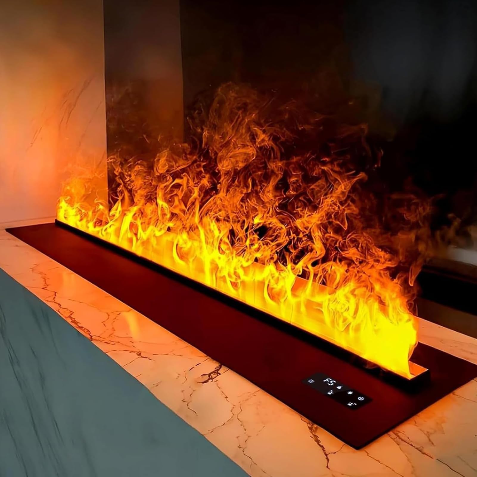 Dekorativer elektrischer Wasserdampf-Kamin-Luftbefeuchter mit 3D-Zerstäubungsflamme, 3 mm ultradünnem Panel, Gebürsteter Edelstahl, ohne Heizung, 50cm/39.3in