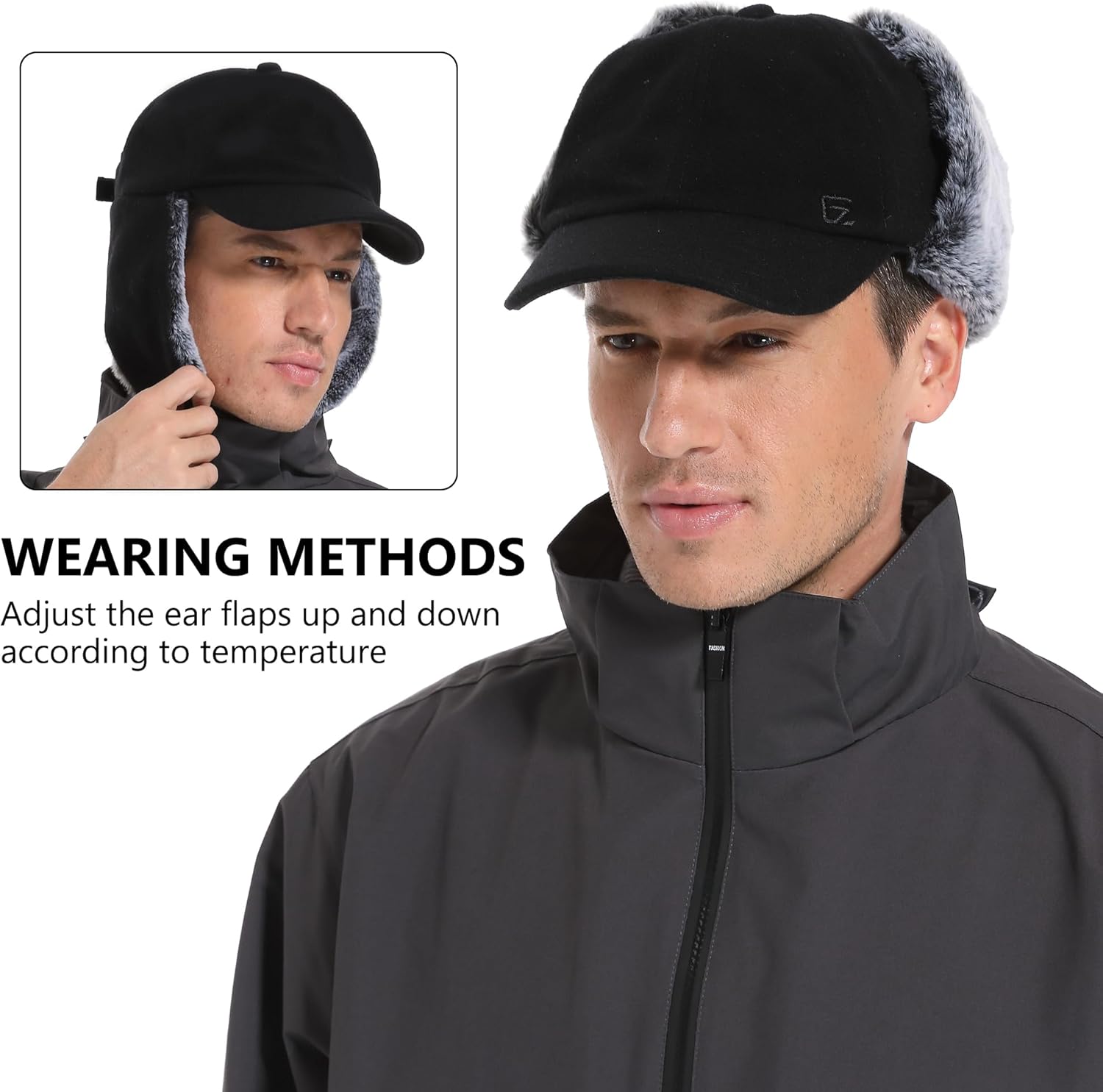 GADIEMKENSD Unisex Winter Wool Baseball Cap with Faux Fur Lined Ear Flaps, Trapper Hat with Reflective Line - Image 5