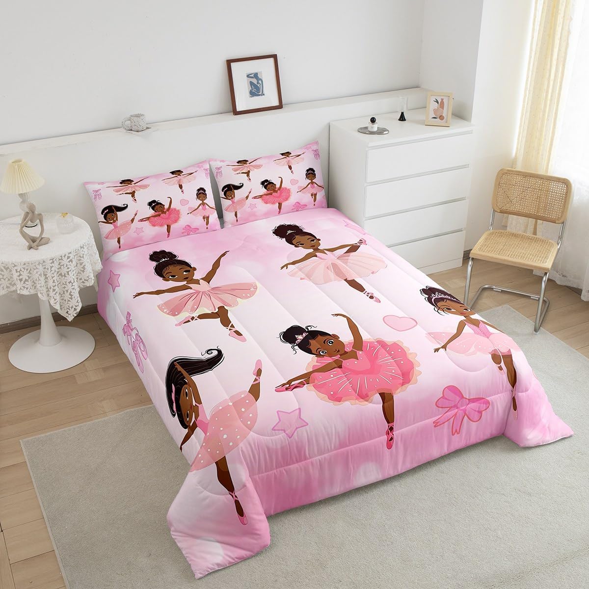 Erosebridal Cute Little Ballet Princess Bedding Set Black Girls Twin Comforter Set for Girls,American African Afro Girl Magical Quilt for Toddler Kids Teenager,Pink Cute Room Decor