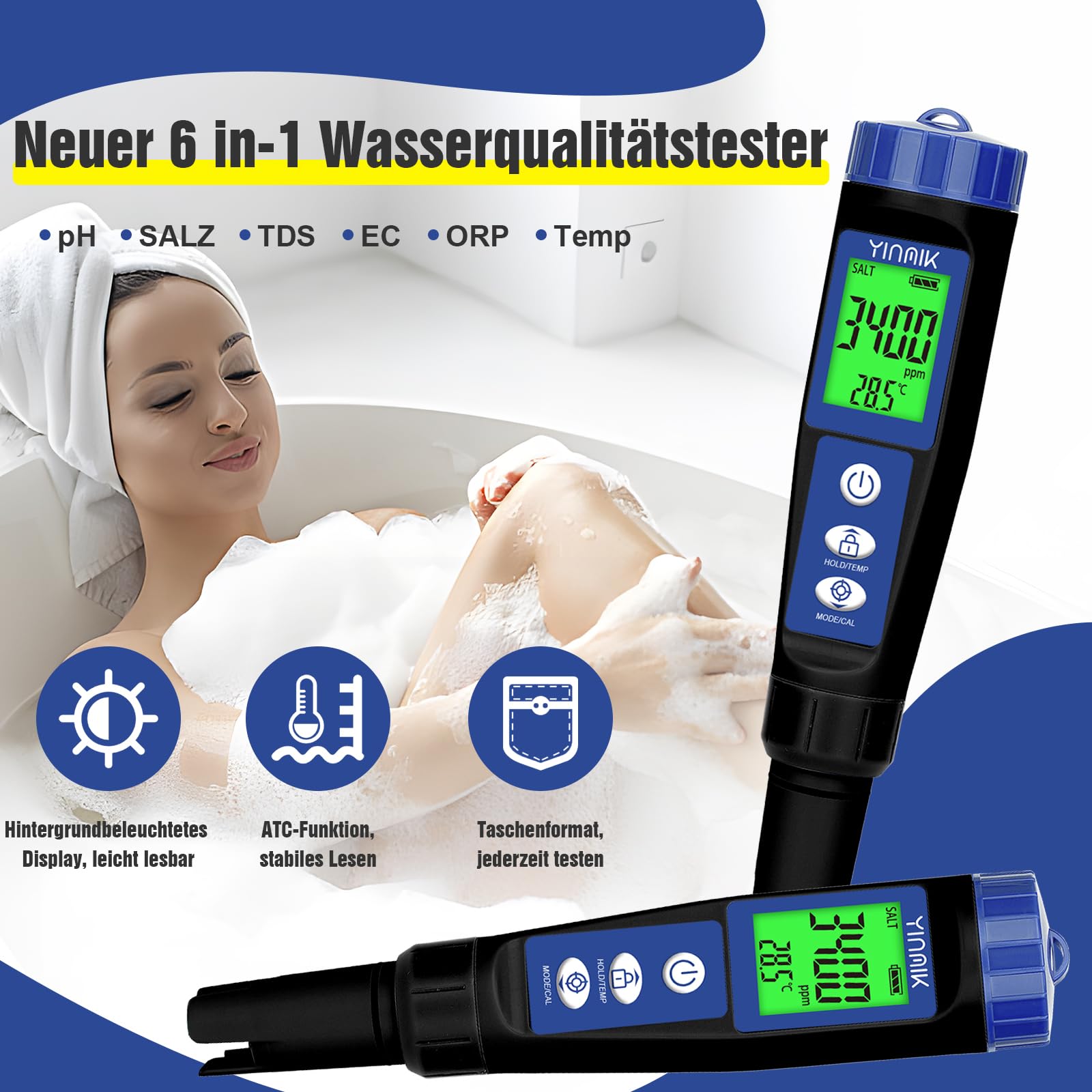 Pool pH Salz Messgerät 6-in-1 Tester für Salzwasserpools, Hydroponik, Trinkwasser