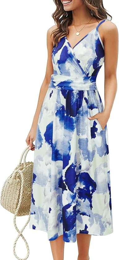 OUGES Women's Summer Spaghetti Strap V-Neck Floral Dress with Pockets
