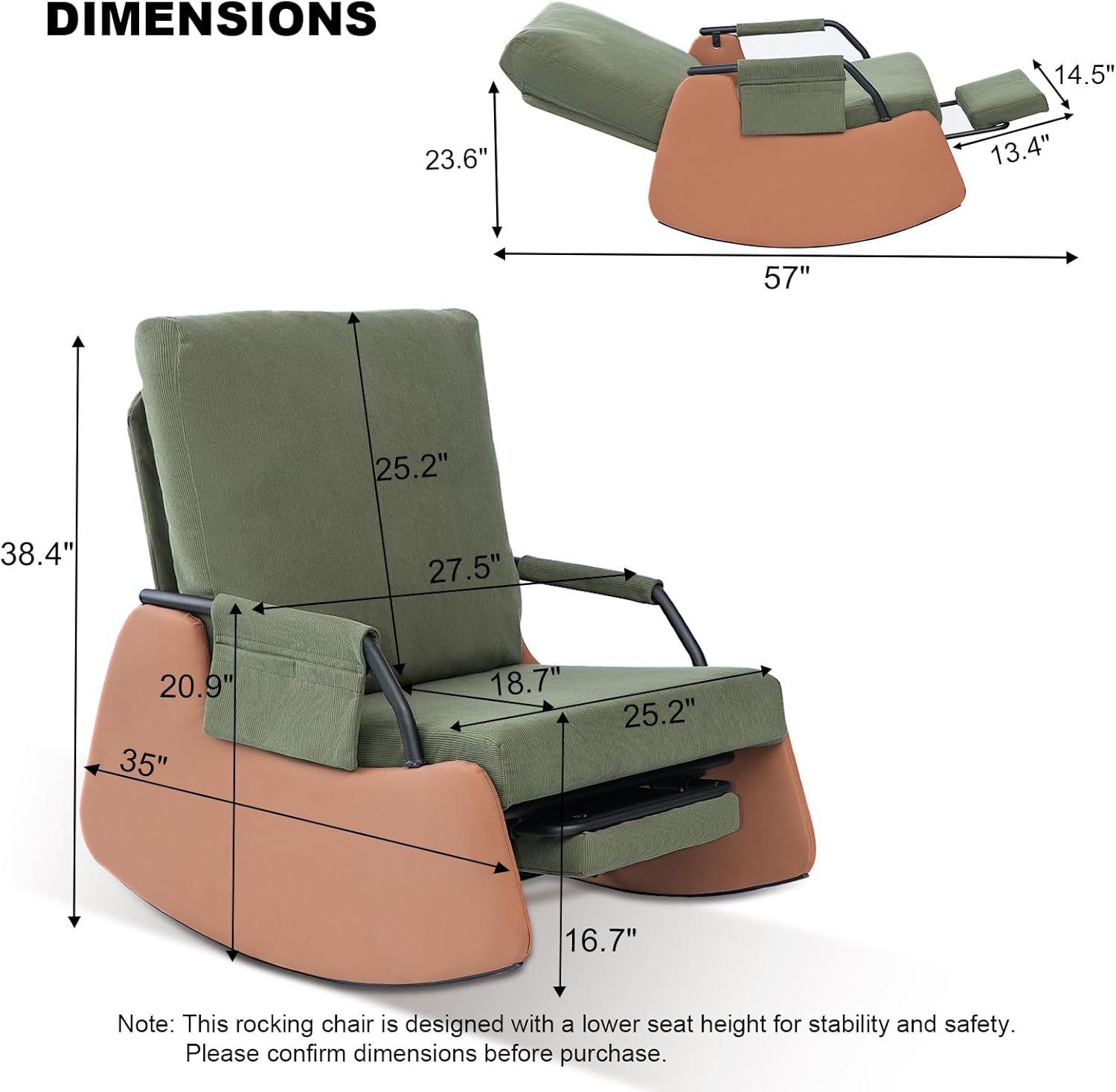 Rocking Chair for Nursery with Adjustable Backrest & Footrest, Modern Upholstered Plush Seating Glider Recliner Chair with High Backrest and Side Pocket, Glider Rocking Chair Green
