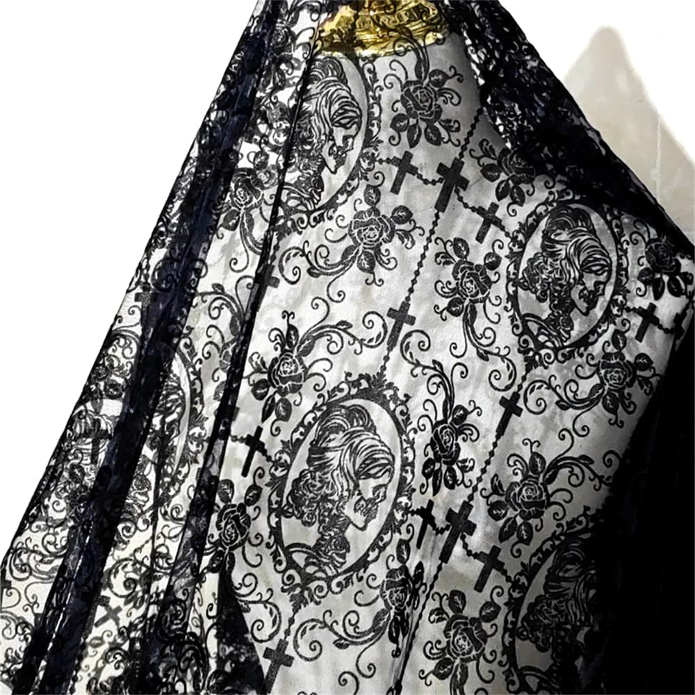 55 Inch Lace Fabric Soft Black Skull Lace Fabric Cross Tulle Fabric Floral Lace Fabric for DIY Dress Top Dress Sew,Party Overlay,Curtains,Tablecloth,Halloween Decor (Black (5 Yard))