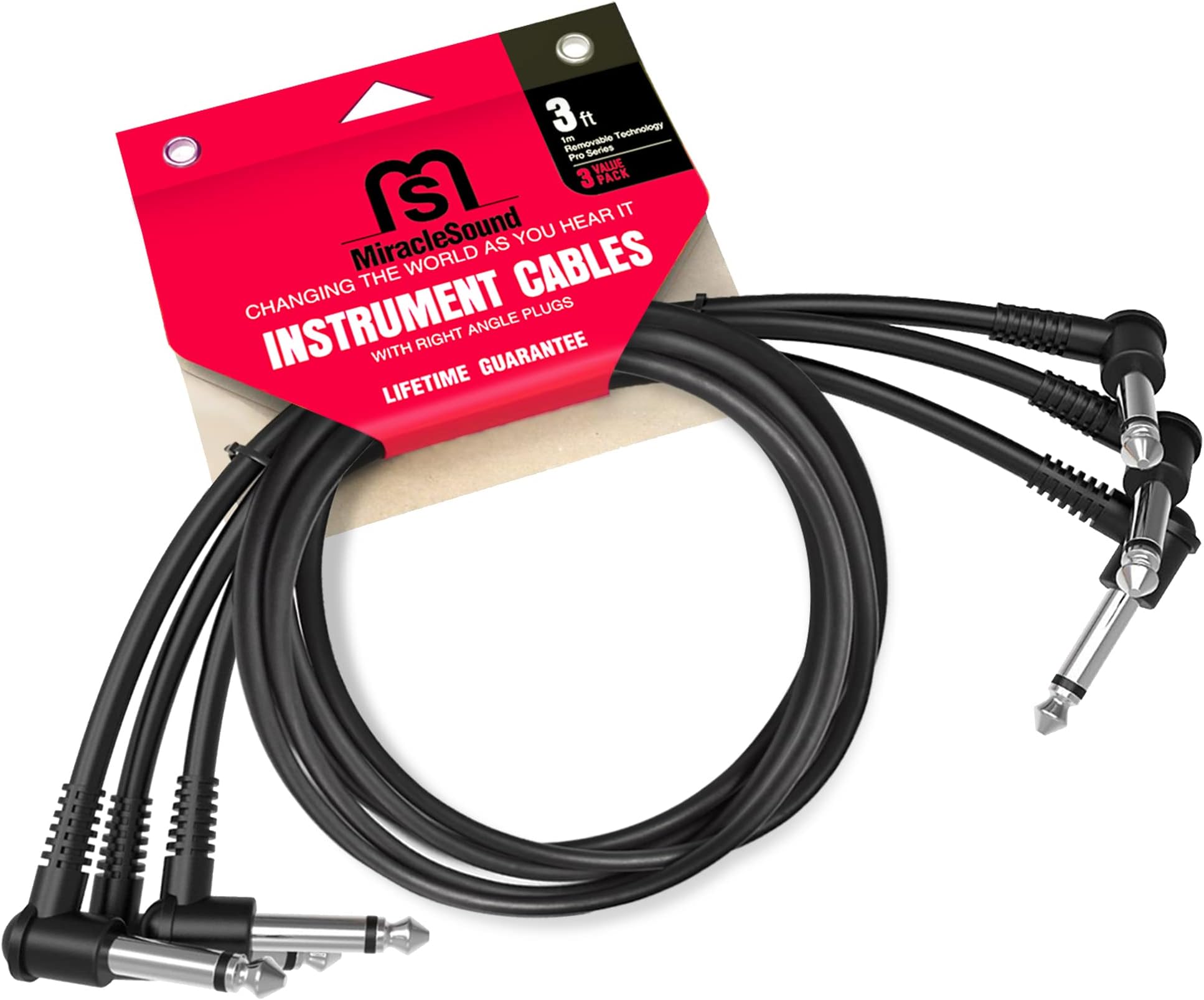 Guitar Cable 3 Feet for Pedalboard Effects with Right Angle Plug Ideal Electric Guitar and Bass Livewire Guitar Patch Cable 3-Pack