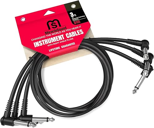 Miracle Sound Cable de guitarra de 3 pies para efectos de pedalera con enchufe de ángulo recto, ideal para guitarra eléctrica y bajo, cable de