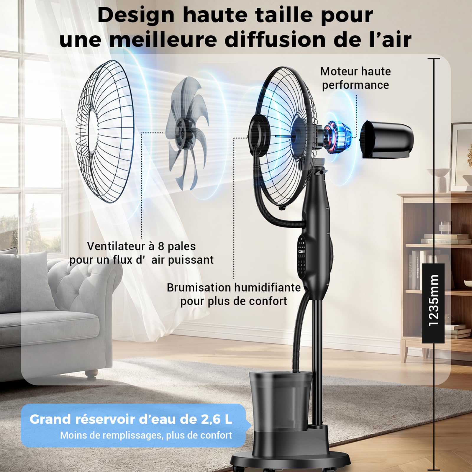 NebulaFlow Ventilateur Brumisateur, 3 en 1 Ventilateur sur pied, 9 vitesses 3 modes, Ventilateur oscillant avec télécommande pour maison, chambre, bureau, terrasse, 1 pièce