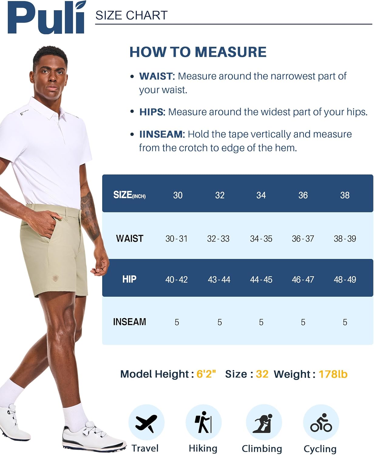 PULI Men's Golf Shorts 5 Inch Stretch Waterproof with 5 Pockets for Travel Hiking Casual Business