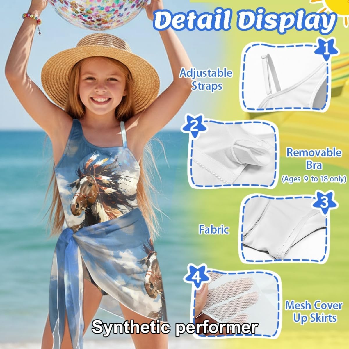 Jeiento Girls Swimsuit Size 7-18 Girl One Piece Bathing Suit with Coverup Skirt Teen Adjustable Strap One Shoulder Swimwear
