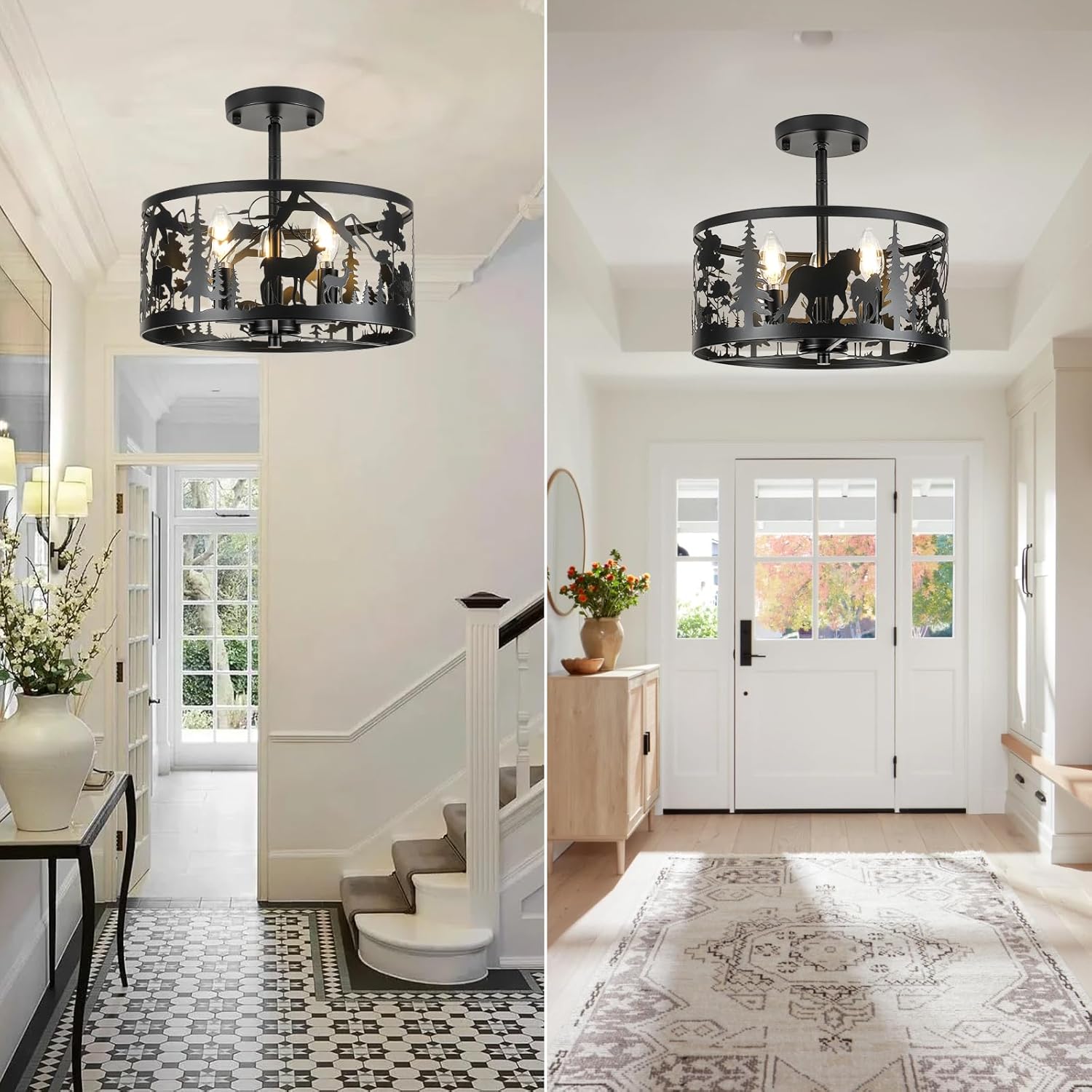 3-Light Rustic Ceiling Light Fixtures, Farmhouse Semi Flush Mount Light with Deer Horse Tree Design, E12 Black Metal Ceiling Light for Kitchen, Hallway, Living Room, Entryway