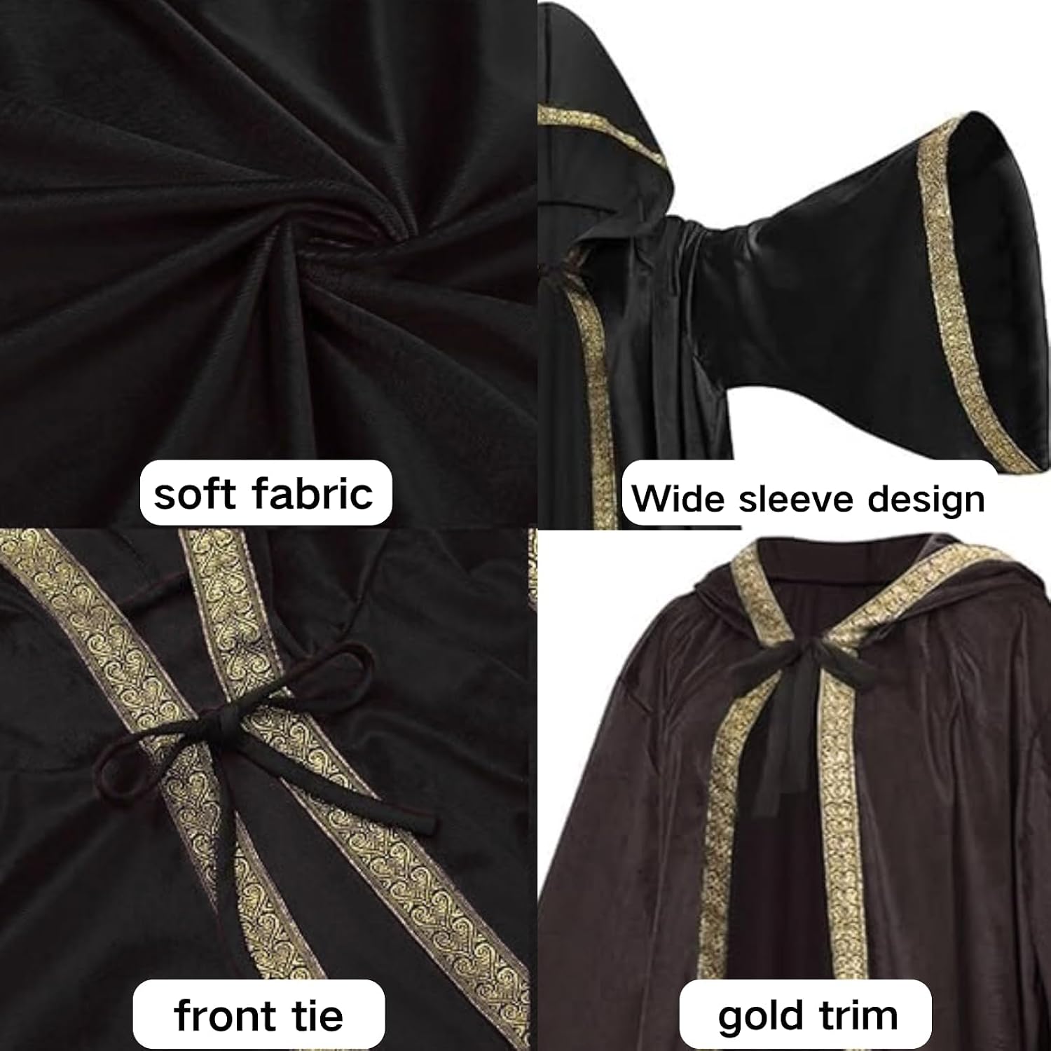 Velvet Wizard Robe Cloak with Hood Men Women, Sorcerer Renaissance Costume Medieval Cape Long Sleeve Halloween