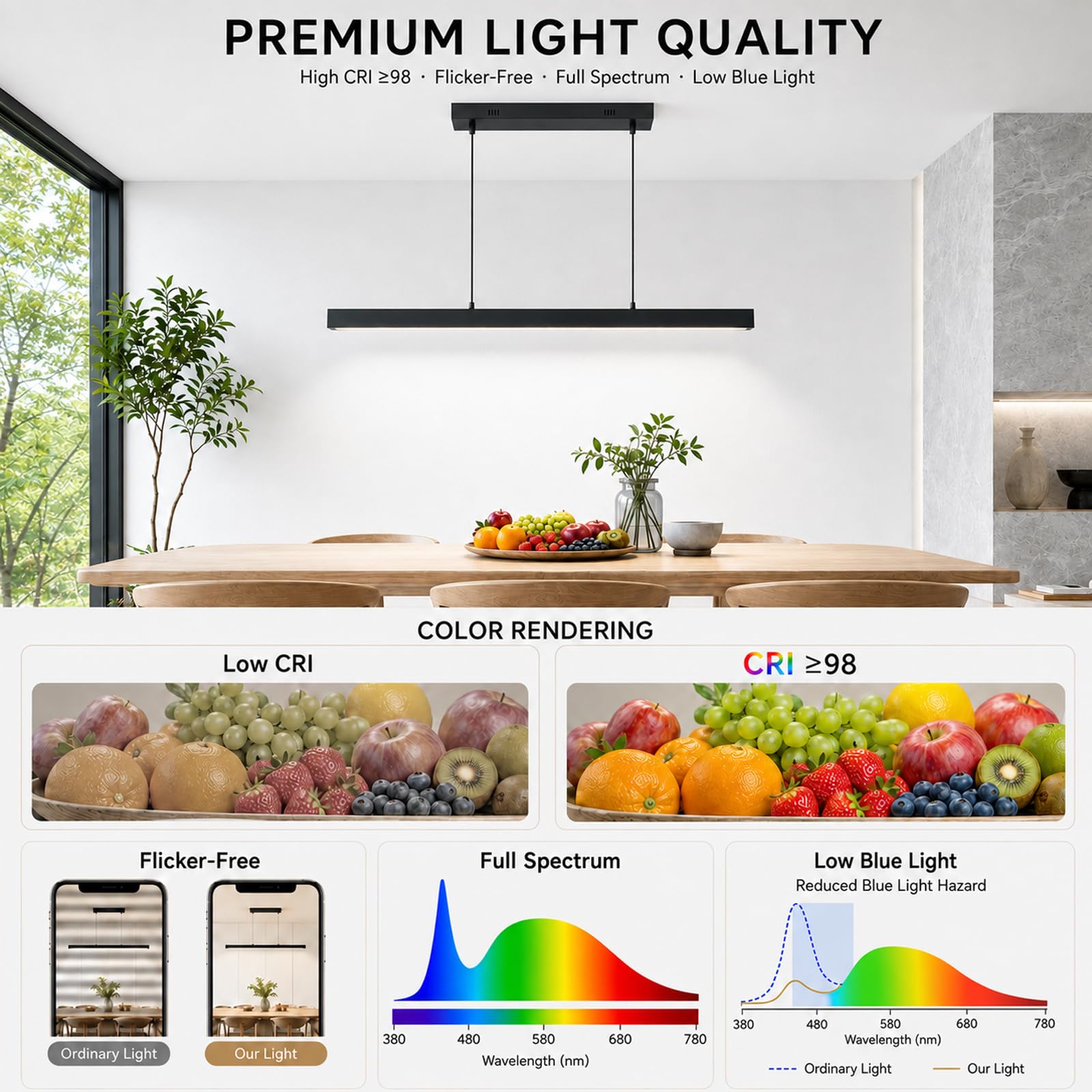 Lampadario LED Sala da Pranzo, Effetto Legno, Telecomando & App, Nero,150CM | Design Lineare, 3 Colori di Luce, Dimmerabile, Altezza Regolabile, 52W/3600lm, Sala da Pranzo, Cucina, Soggiorno, Ufficio