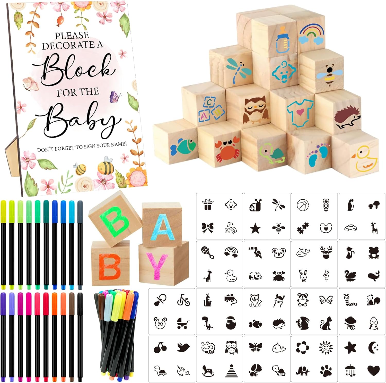 97 Pcs Baby Shower Game Set Includes Decorative Square Signs, DIY Blank Wooden Blocks, Paint Markers, Wedding & Baby Shower Game Prizes (Flower)