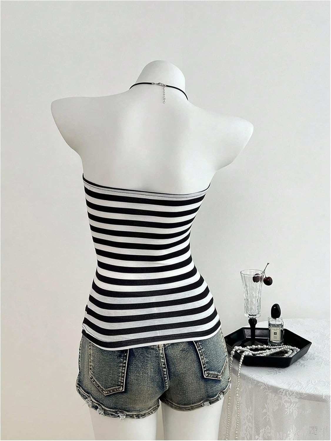 WDIRARA Women's Striped Tube Top Rhinestone Strapless Sleeveless Bandeau Tops - Image 2