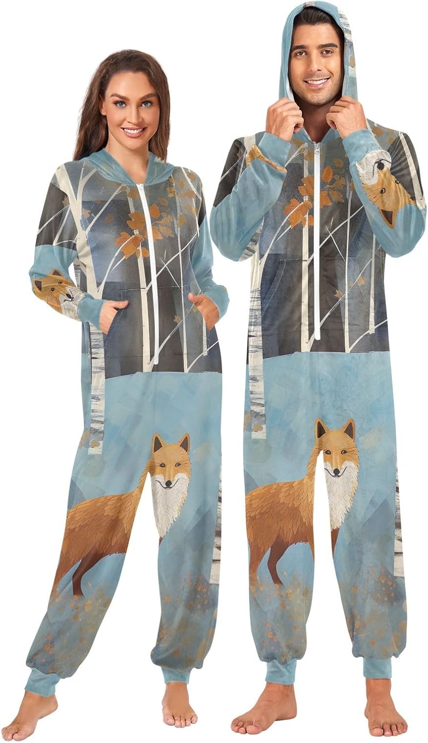 GAIREG Red Fox Fall Trees Adult Onesie Pajamas, Soft Hooded One Piece Jumpsuit Sleepwear for Men Women