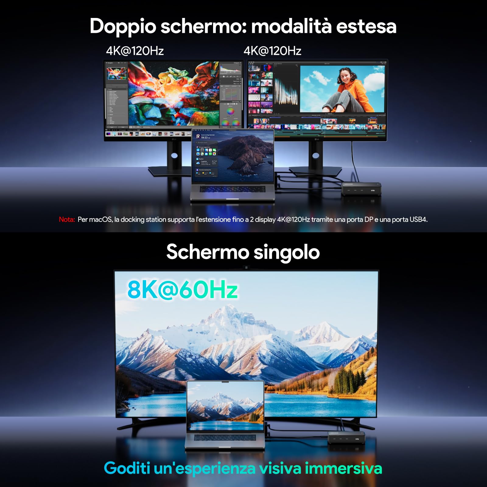 WAVLINK Docking Station USB4 per lavoro creativo professionale, display singolo 8K o triplo 4K, PD 130W, USB4 40Gbps, USB-C 20Gbps, custodia SSD NVMe M.2 20Gbps con ventola di raffreddamento