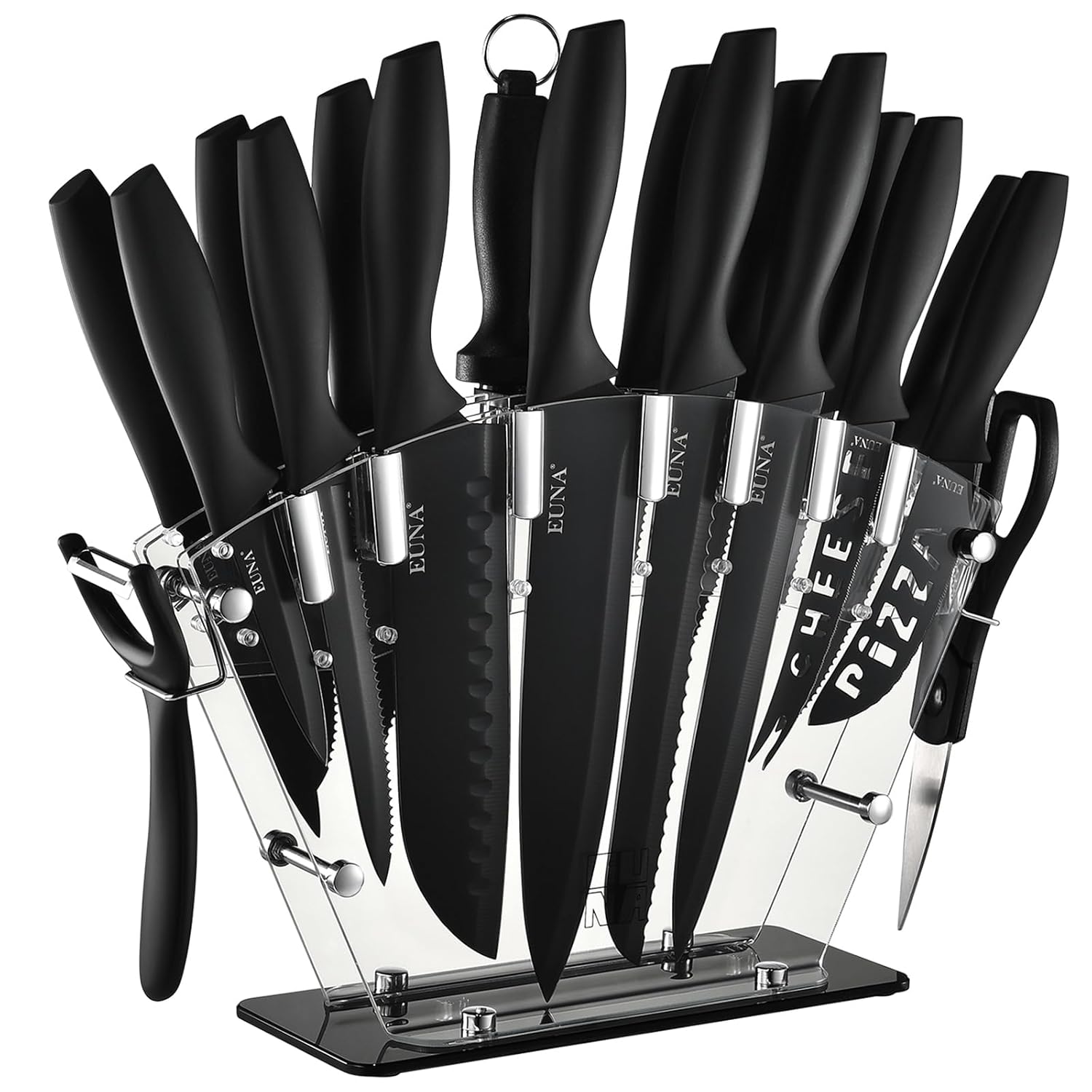 EUNA Kitchen Knife Set 19 PCS Black Knife Set with Acrylic Block and Sharpener German High-Carbon Stainless Steel