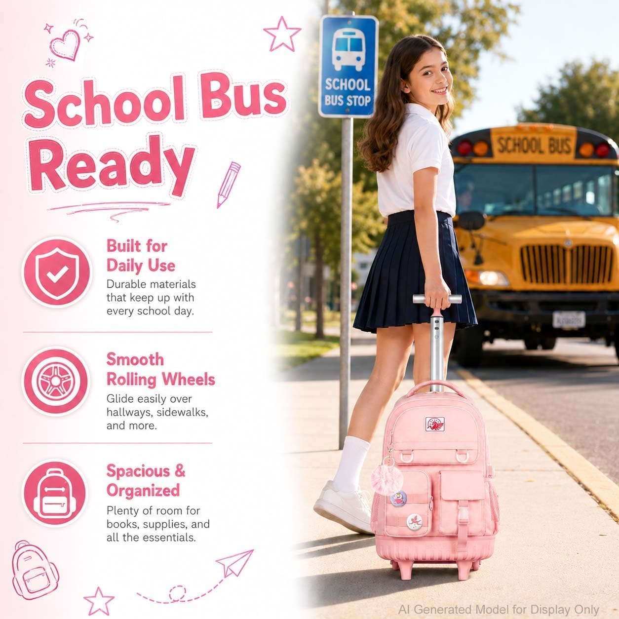 WZLVO Rolling Backpack for Girls Women, 21 inch Water Resistant Roller Wheels Backpacks, Wheeled Bookbag with Lunch Bag for Teen Elementary School Travel - Pink