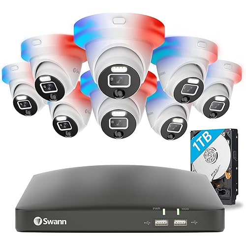 Swann 1080p HD Security Camera System, 8-Ch DVR with 1TB HDD, 8 Indoor/Outdoor Wired Dome Cameras, 24/7 Home Surveillance, Color Night Vision, Weatherproof, True Detect, Flashing & Spotlights,4680