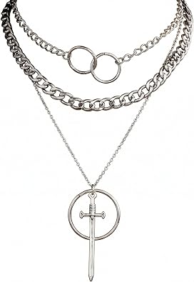 Silver Sword Necklace for Women Men, Gothic Dagger Pendant with Circle Detail, Stackable Chunky Layered Jewelry, Goth Aesthetic Necklaces for Daily Wear Party Gifts