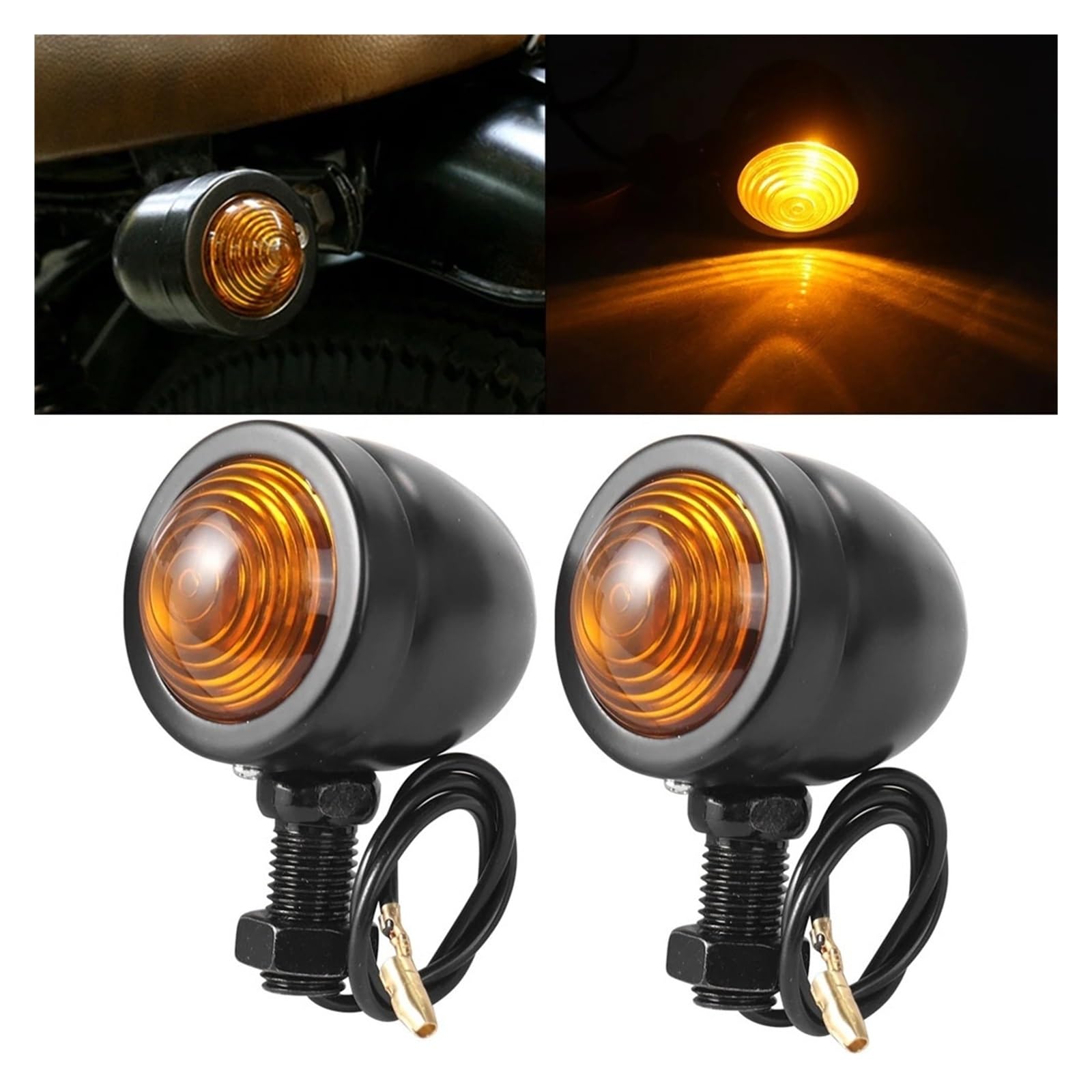 2PCS Retro Motorcycle Turn Signals Motorcycle Accessories Universal Single Wire Turn Signals Lights Cafe Racer Fit for Harley(Black)