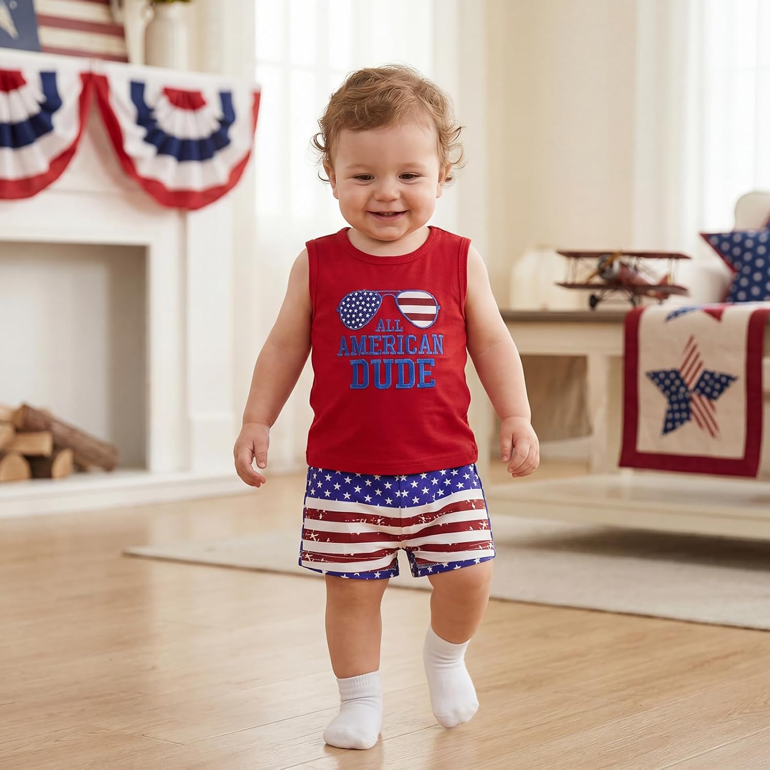 Little Boys 4th of July Outfits Adorable Letter Embroidery Sleeveless Round Neck Tank Tops and Shorts Set