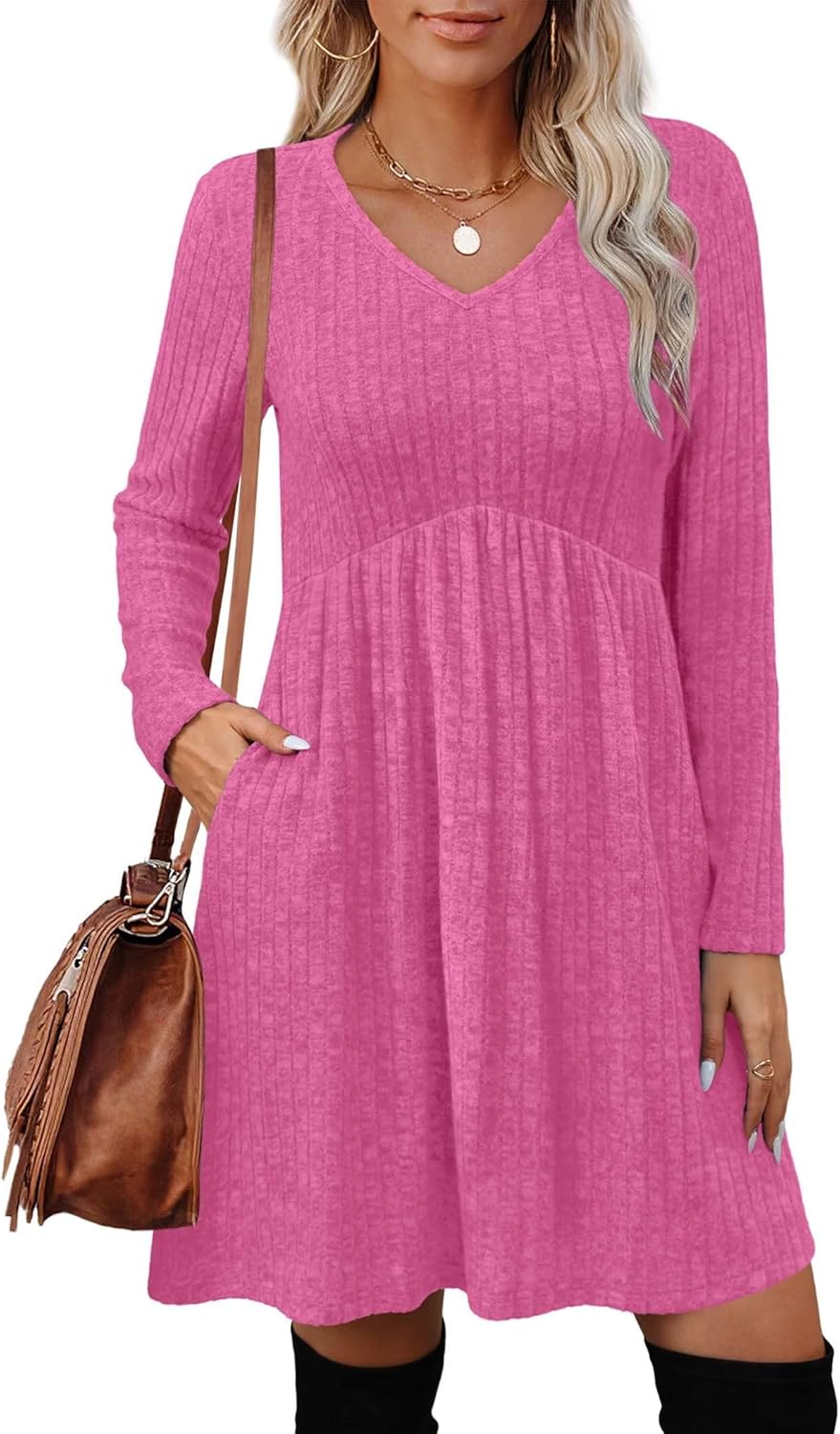 OFEEFAN Long Sleeve Sweater Dress Fall Dresses 2025 V Neck Empire Waist Baby Doll Dresses Women Casual Dress with Pockets