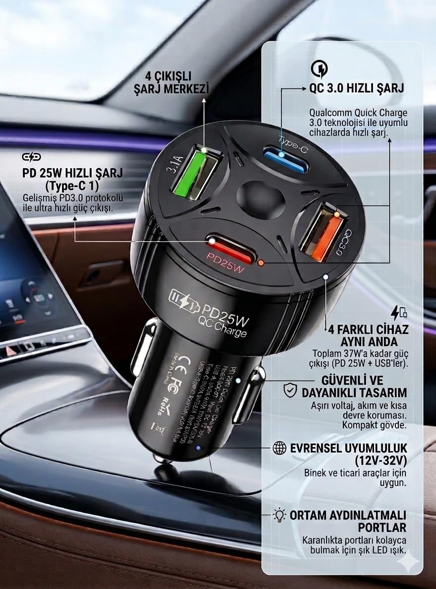 Super Şarj 4 Port PD25W, QC3.0, Araç Şarjı Çakmaklık, 2x Usb 2x Type-C, Çoklayıcı, 12-24V, 5V/6A Max,