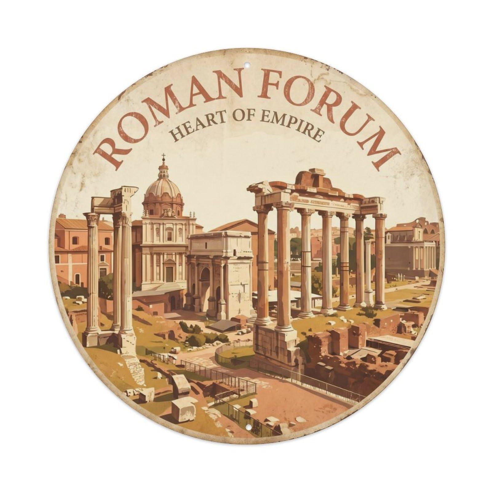 Vintage Travel Forum Rome Ruins Metal Tin Sign Plaque Wall Decor for Cafe, Club, Garden Round Metal Poster 8x8Inch