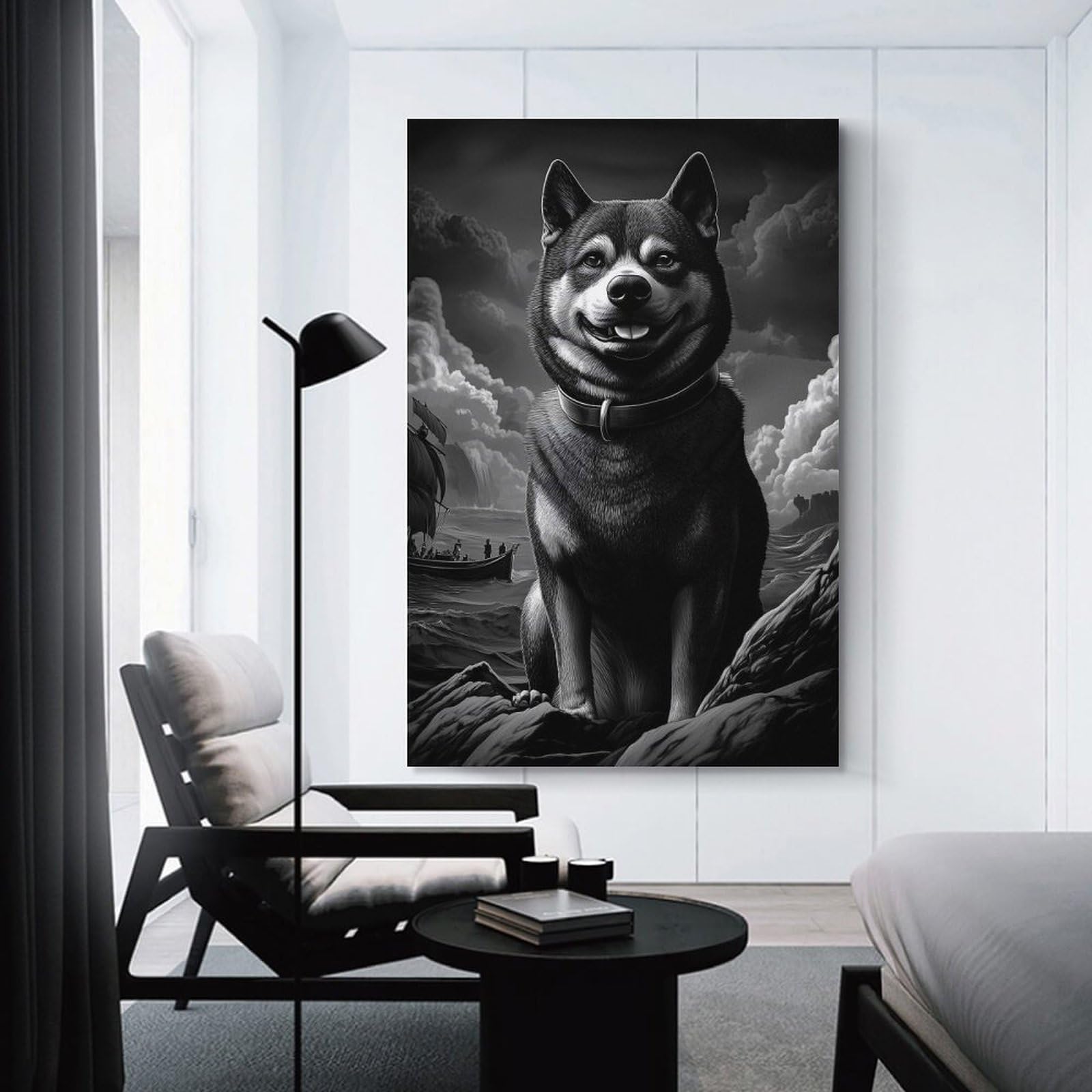 Junmoney Shiba Inu Dog with Ship Canvas Wall Picture 24x36inch(60x90cm), for Living Spaces, Bedrooms Or Relaxed Rooms, Modern Wall Decor for Cosy Interiors