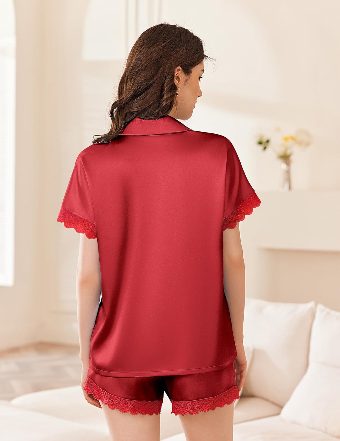 Ekouaer Womens Lace Satin Pajama Set Button Down Pj Shorts Set Bridesmaids Getting Ready Outfits Casual Sleepwear XS-XXL - Image 4