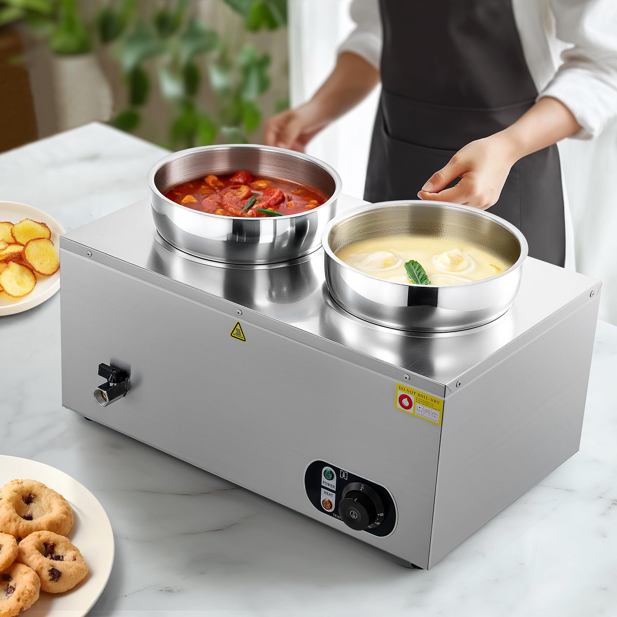 Wilprep Chafing Dish Elektrisch 14L (2 X 7L Rund) Profi Gastro Speisewärmer Buffetwärmer Elektrische Warmhaltebehälter Bain Marie mit Ablaufhahn & Deckel, 1500W 30-85°C Edelstahl für Buffets, Hotels
