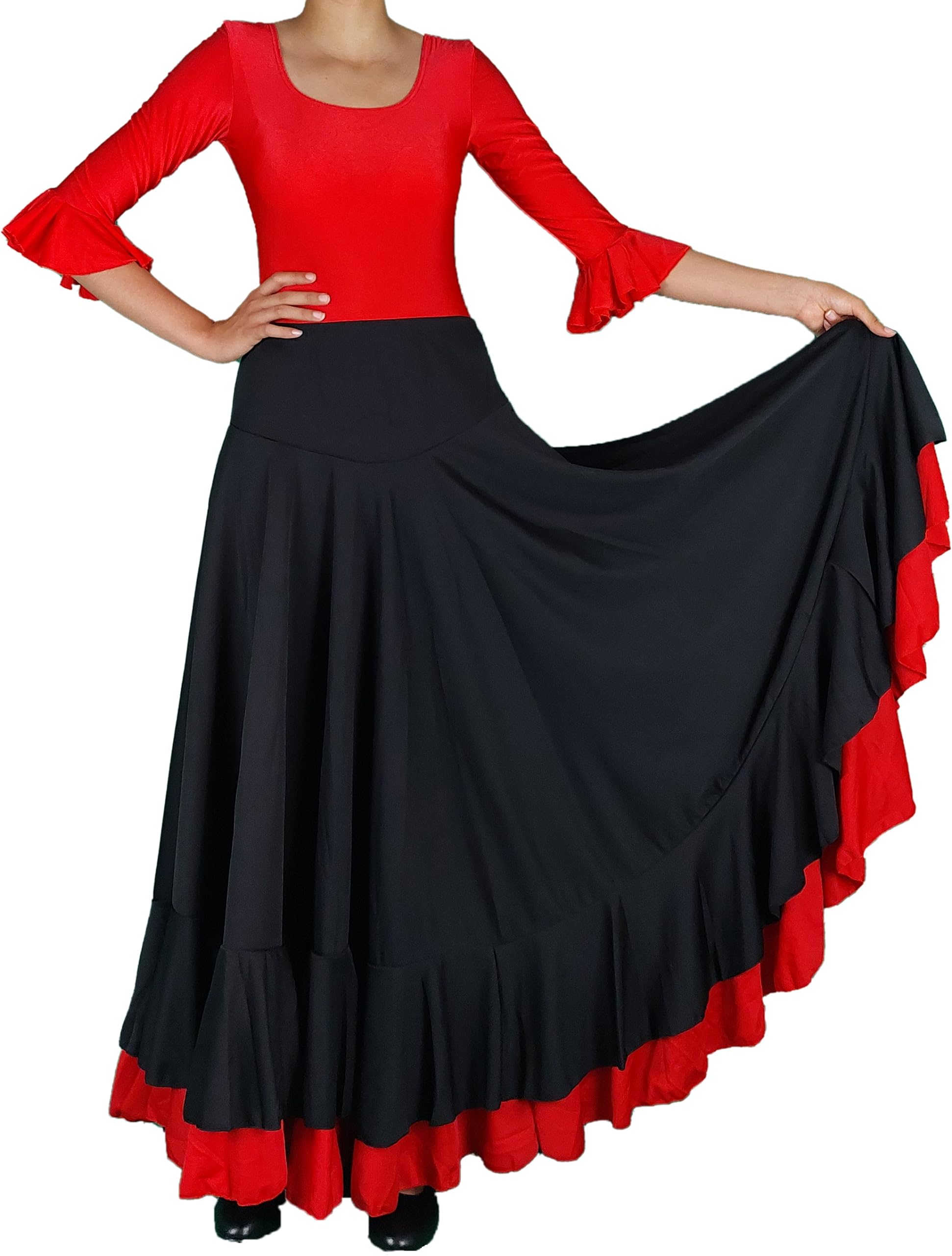Falda Flamenca de Danza Flamenca Gitana Andaluza Negro/Rojo Adulto