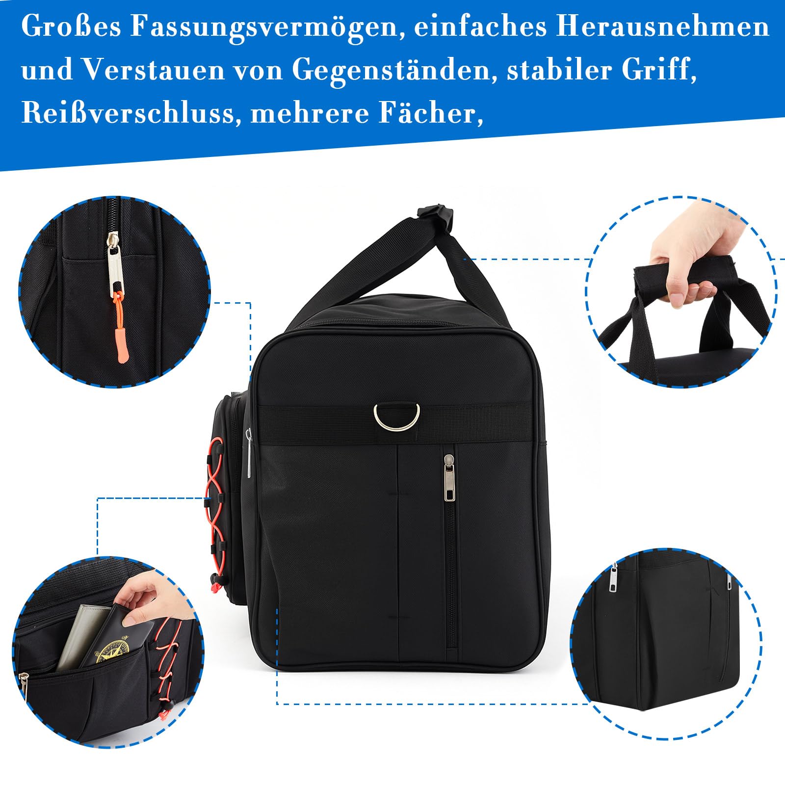 Weewooday Set di 4 Borse per Box da Tetto 65 cm 68L Duffel Portapacchi con 4 Cerniere Indicatori di Identificazione Borsa da Viaggio Nera con Scomparto per Scarpe per Box da Tetto Auto(Classico)