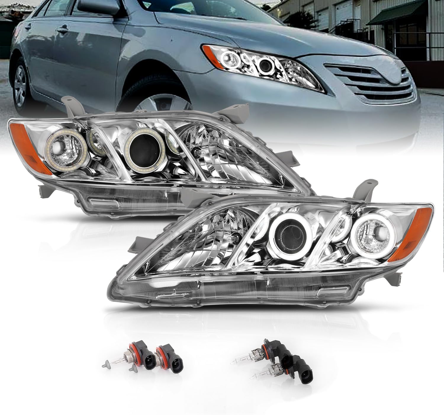 AmeriLite for 2007-2009 Toyota Camry Dual Xtreme LED Halos Projector Black Replacement Headlights Set High/Low Beam Bulb Included - Passenger and Driver Side