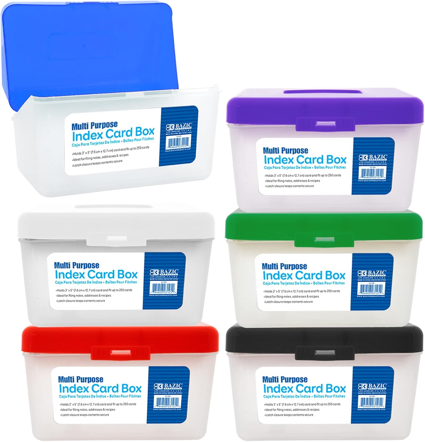 BAZIC PRODUCTS Index Card Box 3"x5", Plastic Storage Case Holds 250 Cards, Multipurpose Index Card Holder Organizer for Flash Cards, Notes, Office & School Use, Semi-Clear, Assorted Colors, 6-Pack