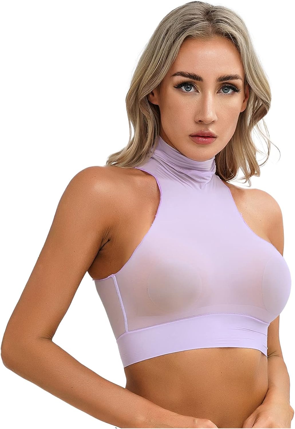 Hularka Women's Mock Neck Sleeveless Sheer Crop Top Solid Color Slim Fit Vest Top Nightwear