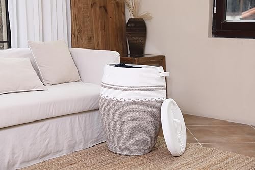 Miniatura 6 de Cesta de almacenamiento extra grande de 26 x 20 pulgadas de alto con tapa, cestas de almacenamiento de cuerda de algodón, cesta de lavandería tejida