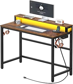 YATINEY Small Computer Desk with Charging Station and LED Lights, Gaming Desk with Monitor Stand, 2-Tier Home Office Desk with 4 Side Hooks, for Living Room, Home Office, Rustic Brown DN01UDBRY2