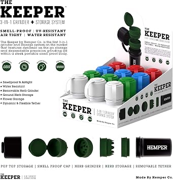 Hemper Keeper 3-in-1 Grinder & Storage Container Compact Organizer with Removable Grinder, Dual Compartments for Raw & Ground Materials, Travel-Friendly with Clip Attachment - (Black)