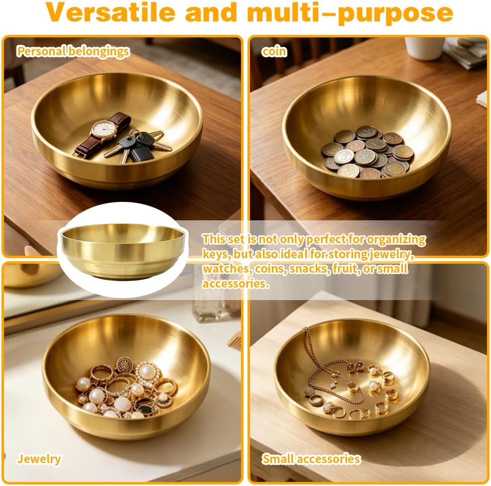 Key Bowl For Entryway Table Key Bowl Catch All Vowl Gold Fruit Bowl, Perfect For Kitchen Countertops And Coffee Tables 7.4 Inches In Diameter Comes With An Elegant Wooden Coaster