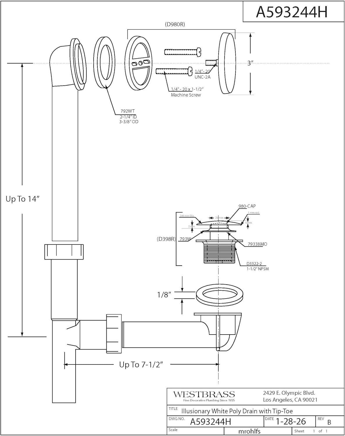 Westbrass A593244H-18 14" White Tubular Bath Waste & Overflow Assembly with European Tip-Toe Drain Plug and Illusionary Faceplate, Brushed Bronze