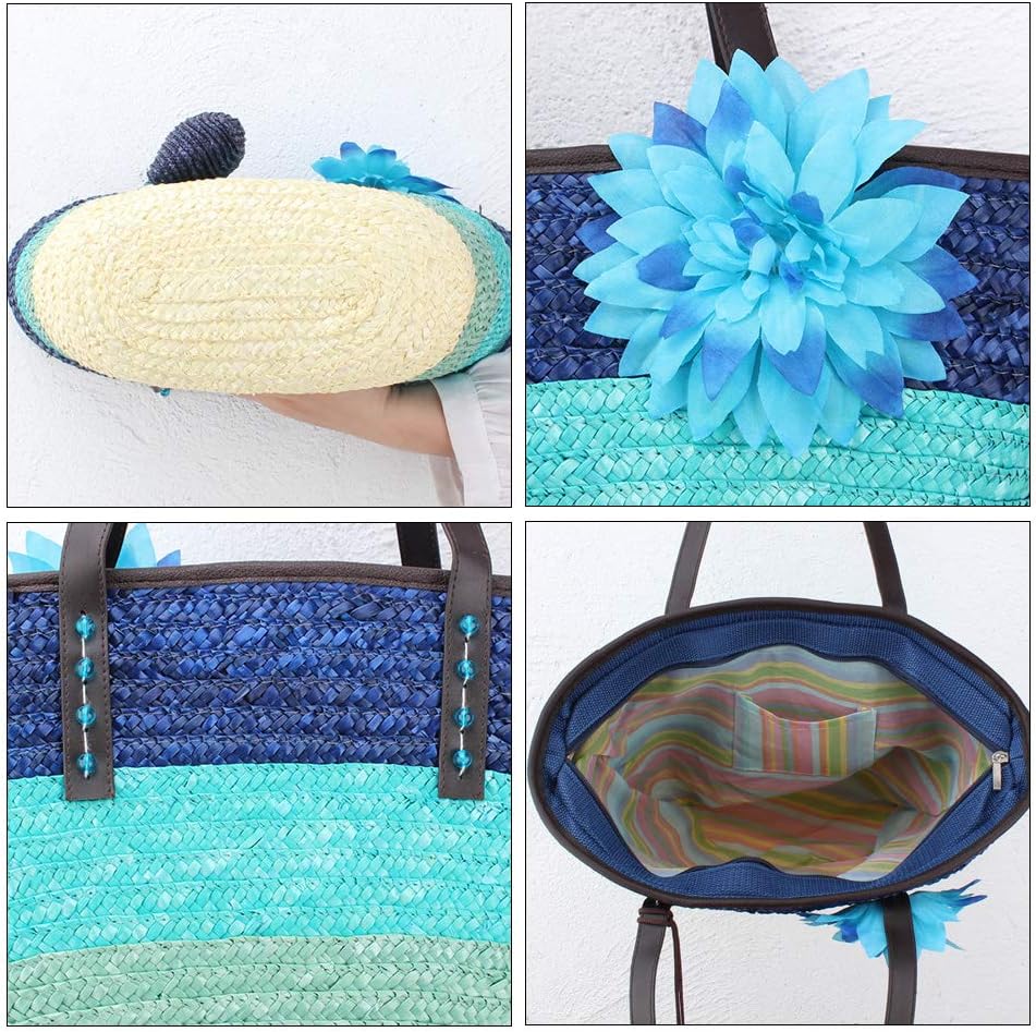 Fashion Women Girls Hand-Woven Summer Beach Big Tote Straw Bag Handbag Big Flower Shoulder Bag with Cute Purse (Blue)