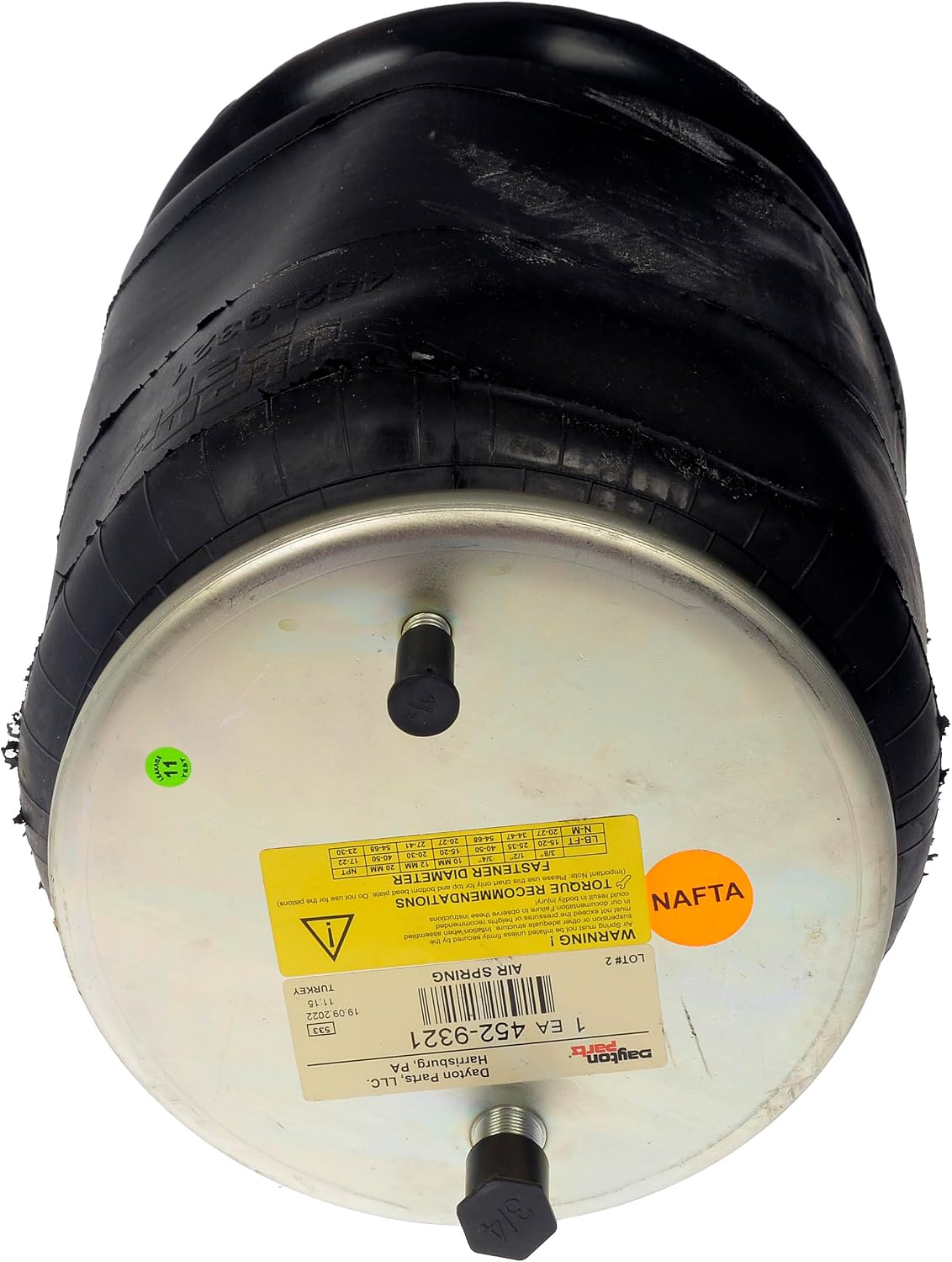 Dayton Parts 452-9321L Air Spring, Rolling Lobe, Steel Piston, 16.93" Static Height, 9" Top Plate Diameter, 10.24" Piston Diameter, Two Stud Top Plate, Four Hole Piston