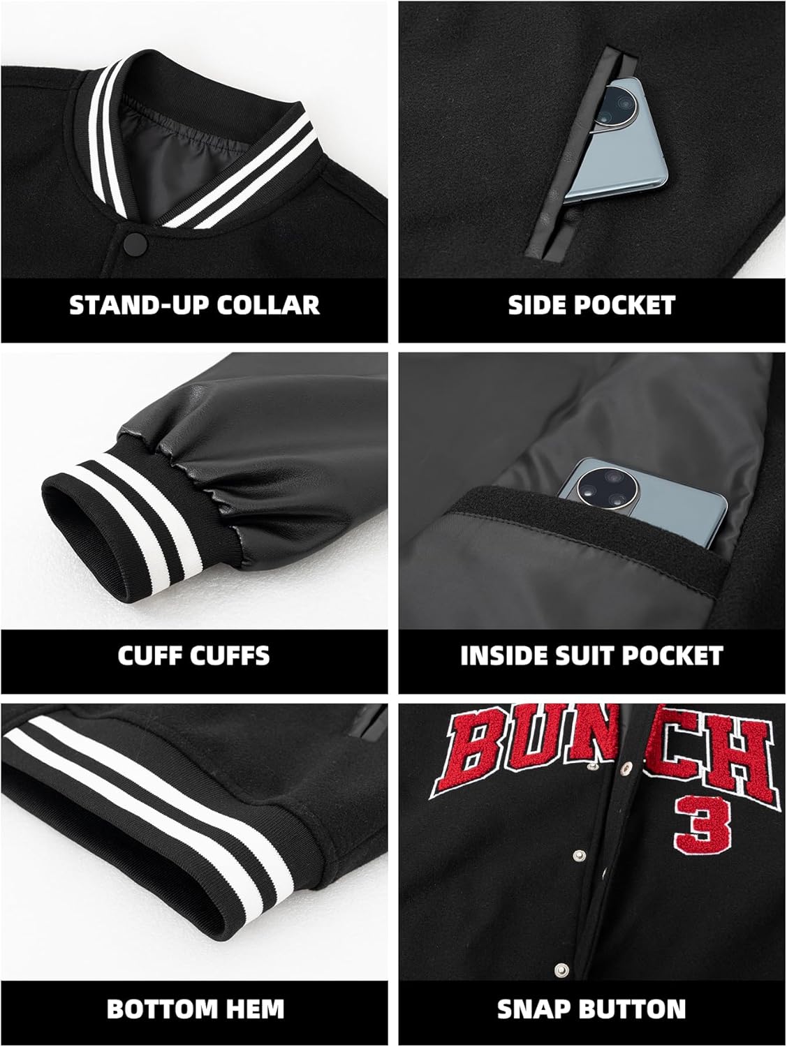 Men's Varsity Baseball Jacket with Leather Sleeves Letter Bomber Coat for Fall&Spring,Streetwear Daily Activities
