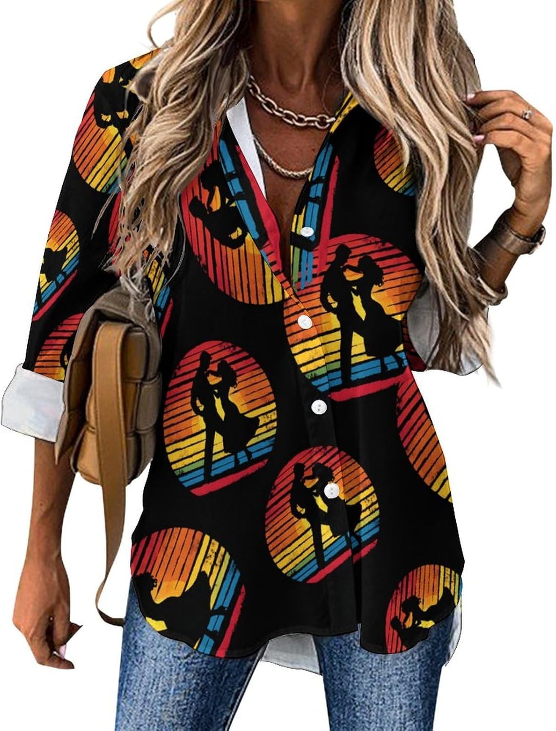Salsa Dancing Dancer Vintage Women's Long Sleeve Shirt Irregular Hem Shirts Button Down Tops V Neck Tees Blouse