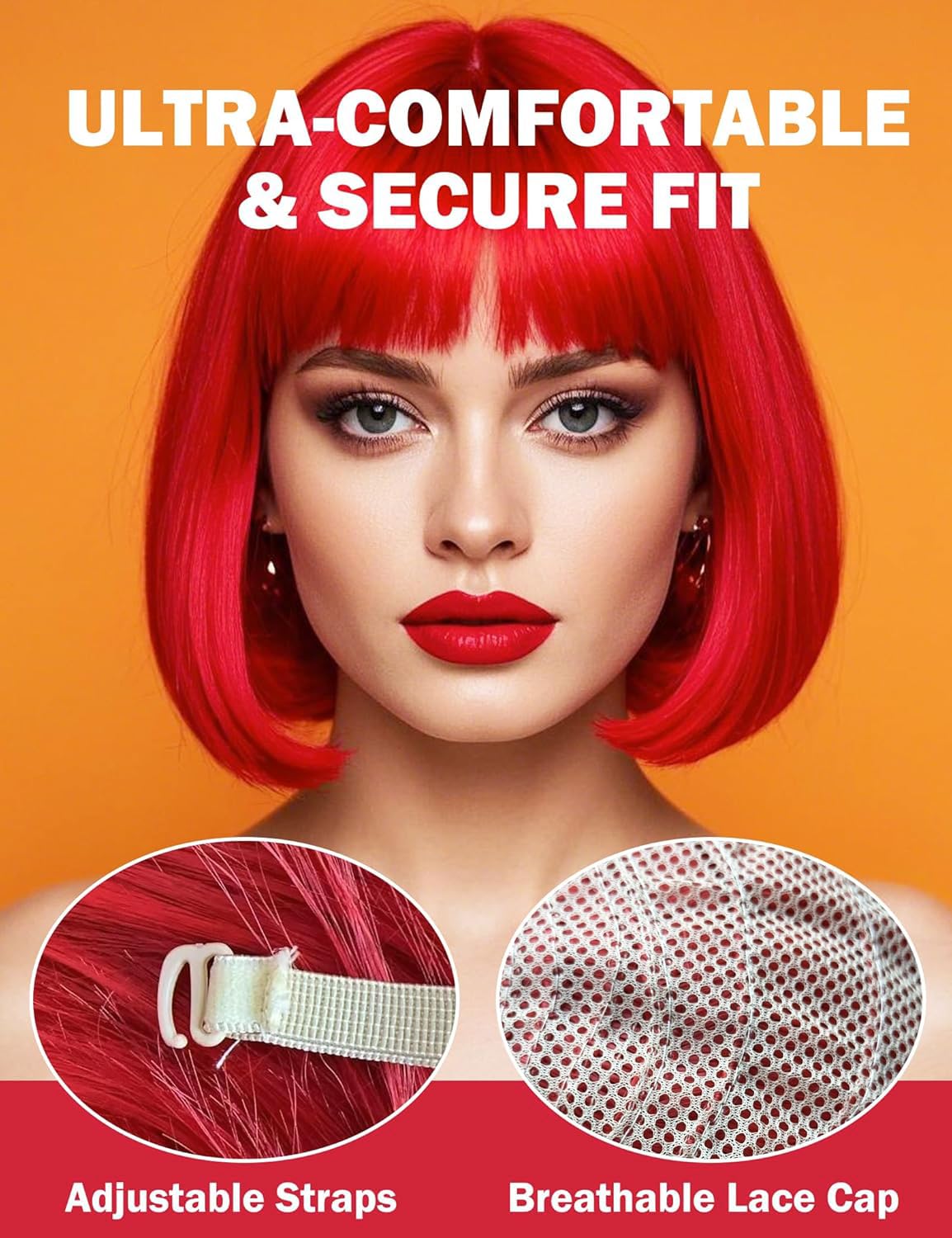 PORSMEER Short Bob Red Wig and Sunglasses 12 Inch Straight Colorful Hair Wigs with Fringe for Women Unisex for Halloween Costume Cosplay Party Tourism+ Wig Cap - Image 3