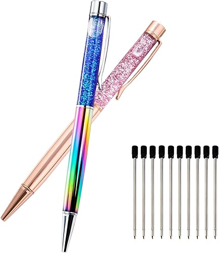 Miniatura 1 de 2 bolígrafos de metal líquido de cristal dinámico brillante con purpurina flotante con 10 recambios negros de repuesto para oficina, Navidad, boda,