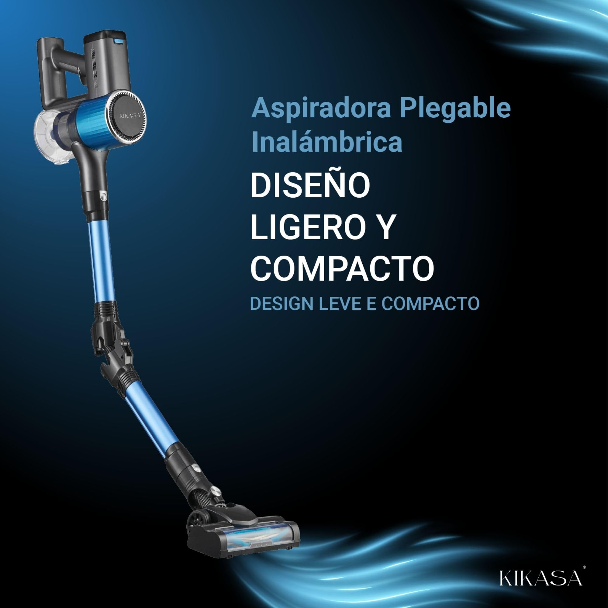 Kikasa Aspiradora Vertical Sin Cables 18.5V Plegable, 150W Potente, 3 Velocidades, Filtro HEPA, Cepillo con Luz LED y Depósito de 400 ml, hasta 35 min de Autonomía